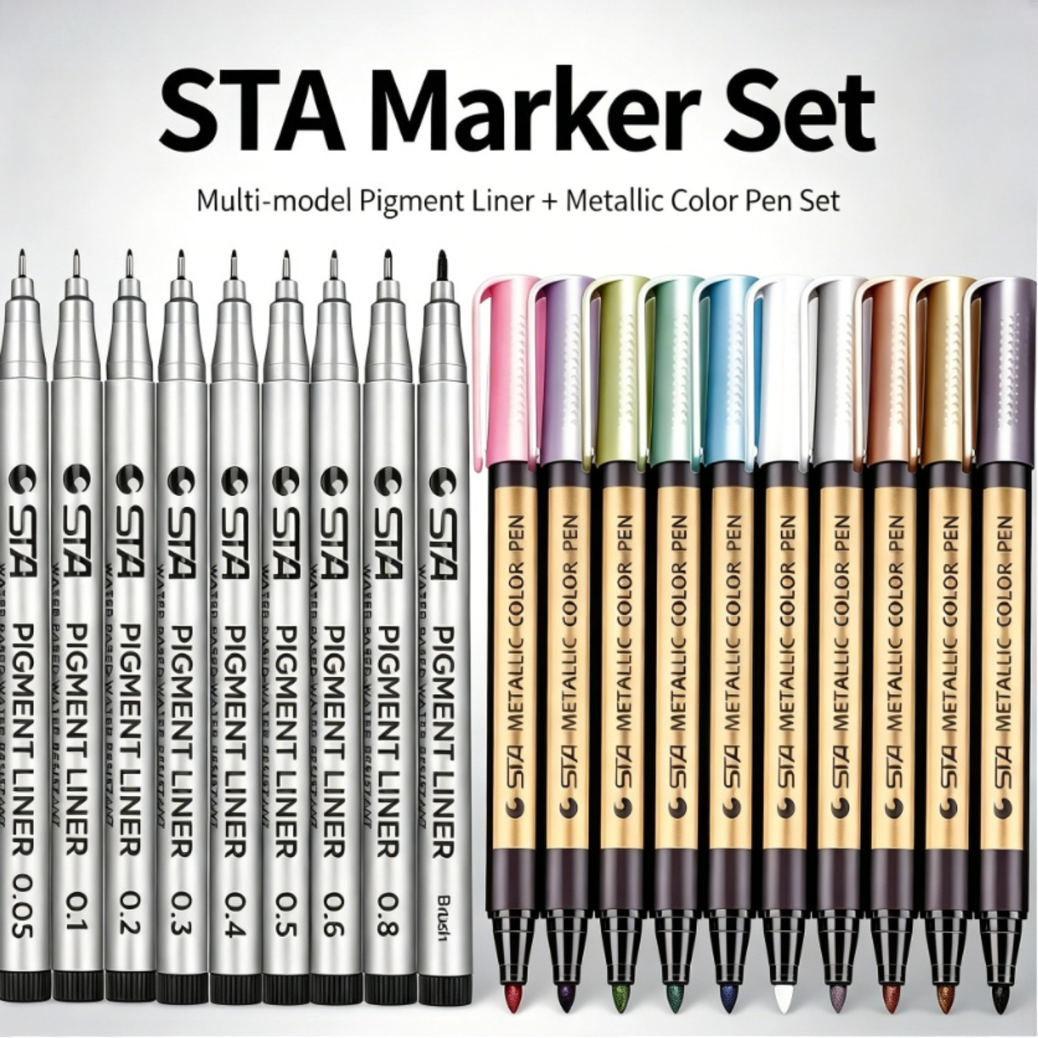 Image of 9pcs Fineliner Drawing Pens With 10 Colors Metallic Medium Tip Paint Markers, Art Pen Kit For Drawing, Journal, Scrapbooking And Handmade Album