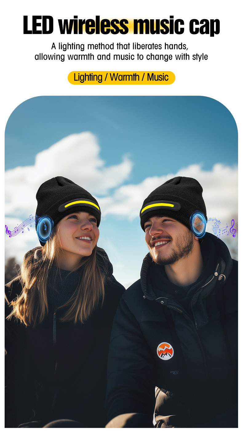 蓝牙led黑色针织帽 | 免提音乐与内置灯光 | usb-c充电冬季头套，适用于露营、慢跑、夜间安全，情人节通用礼物 商品详情 0