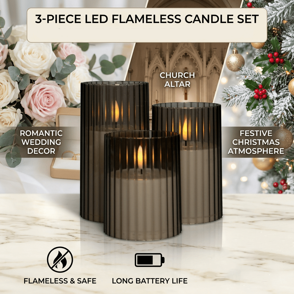 Image of 3pcs Set Of Led Striped Flameless Candles, Battery Powered Striped Cylindrical Candle Set, Suitable For Christmas Table Decoration, Fireplace, Wedding, Valentine's Day Decoration, Decoration