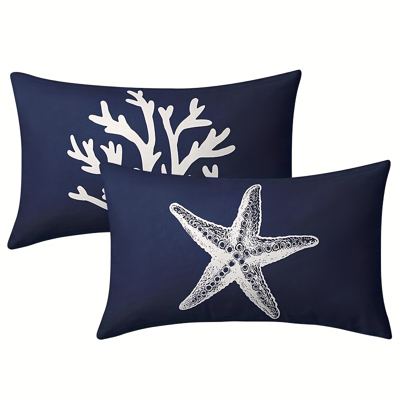 TEMU 2D Flat - 2 pezzi Stampa 2D Flat, Copricuscino stampato blu vento , marine e corallo, Copricuscino per da soggiorno, Copricuscino decorativo per
