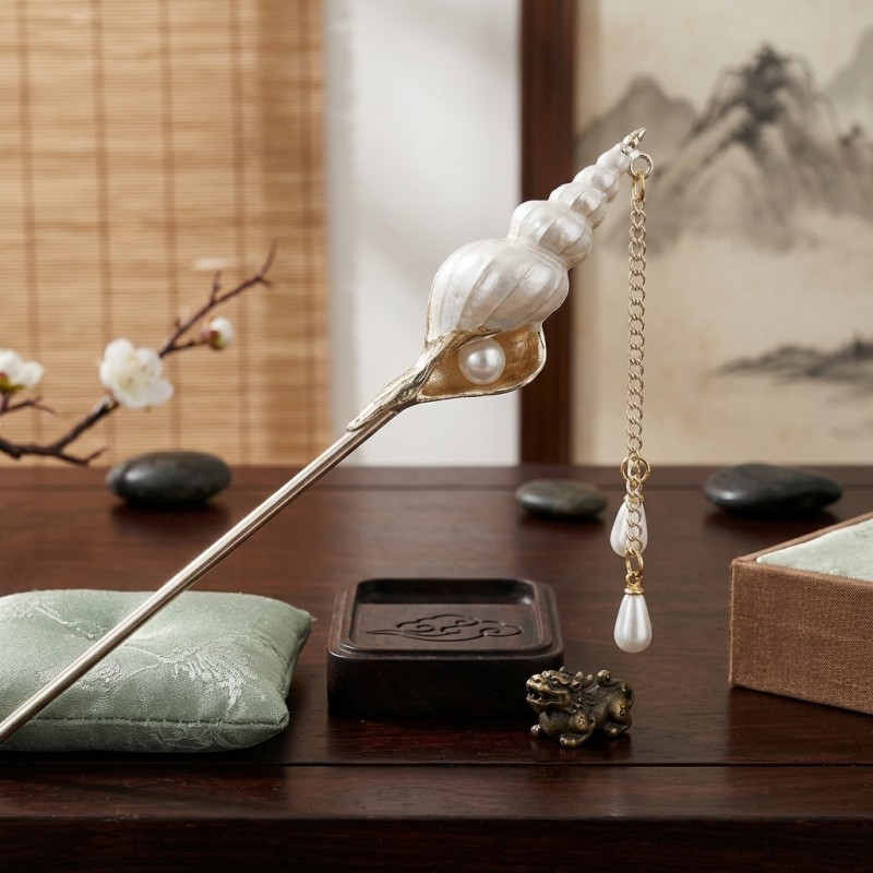 Chinese Style Waves and Conch Design Metal Hairpin, Vintage Look