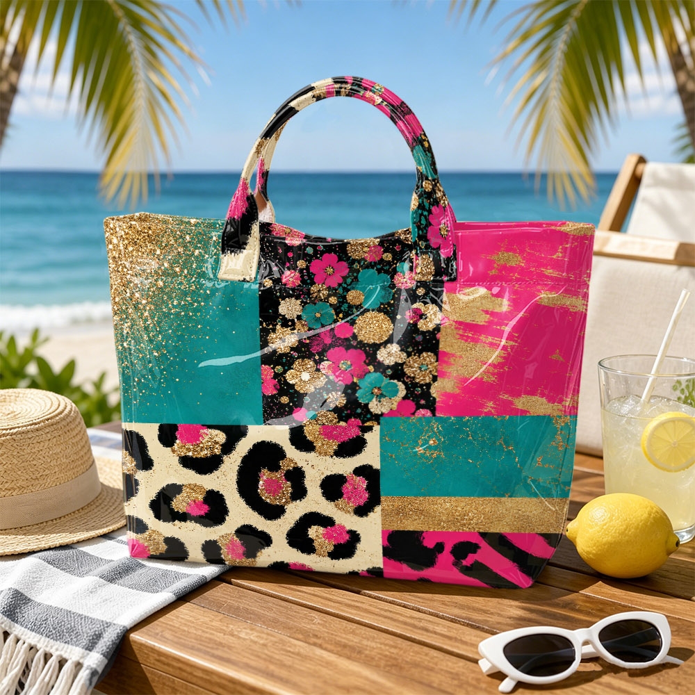 TEMU 1pc Color-block Leopard Floral Spliced Glossy Pvc Tote Bag, Trendy Mixed Art Print, Large Hand Carry Bag For Outdoor Travel , Store Cosmetics