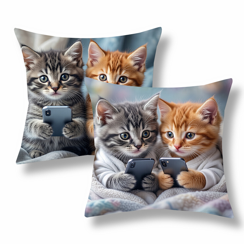 TEMU 2 housses de coussin adorables, coussins décoratifs, motif chatons avec des chatons tenant des téléphones, tonalité colorée. Polyvalent pour