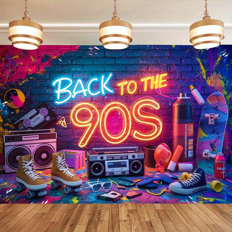 TEMU 1pc Retro 90's Neon Graffiti Polyester Banner - Vibrant Back To The 90's Wall Decor With Boombox & , No Electricity Needed, Party & Home