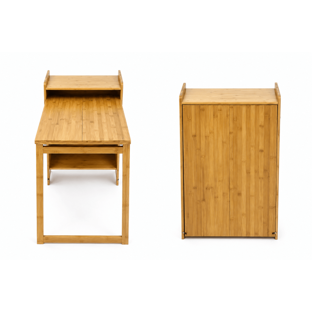 Bamboo Folding Desk for Small Spaces with Storage, Foldable Mid Century Modern Drop Leaf Desk, Vintage Fold Out Hideaway Small Desks for Bedroom Or Home Office