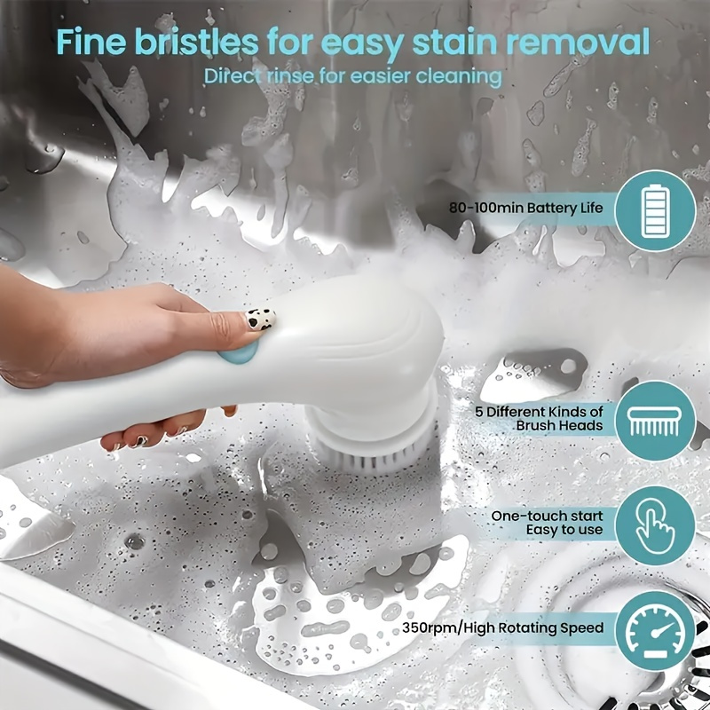 1pc cordless electric rotating scrubber with 5 interchangeable brush heads handheld rechargeable shower brush for bathtub tiles shower kitchen car glass cleaning usb charging 800mah lithium battery details 4