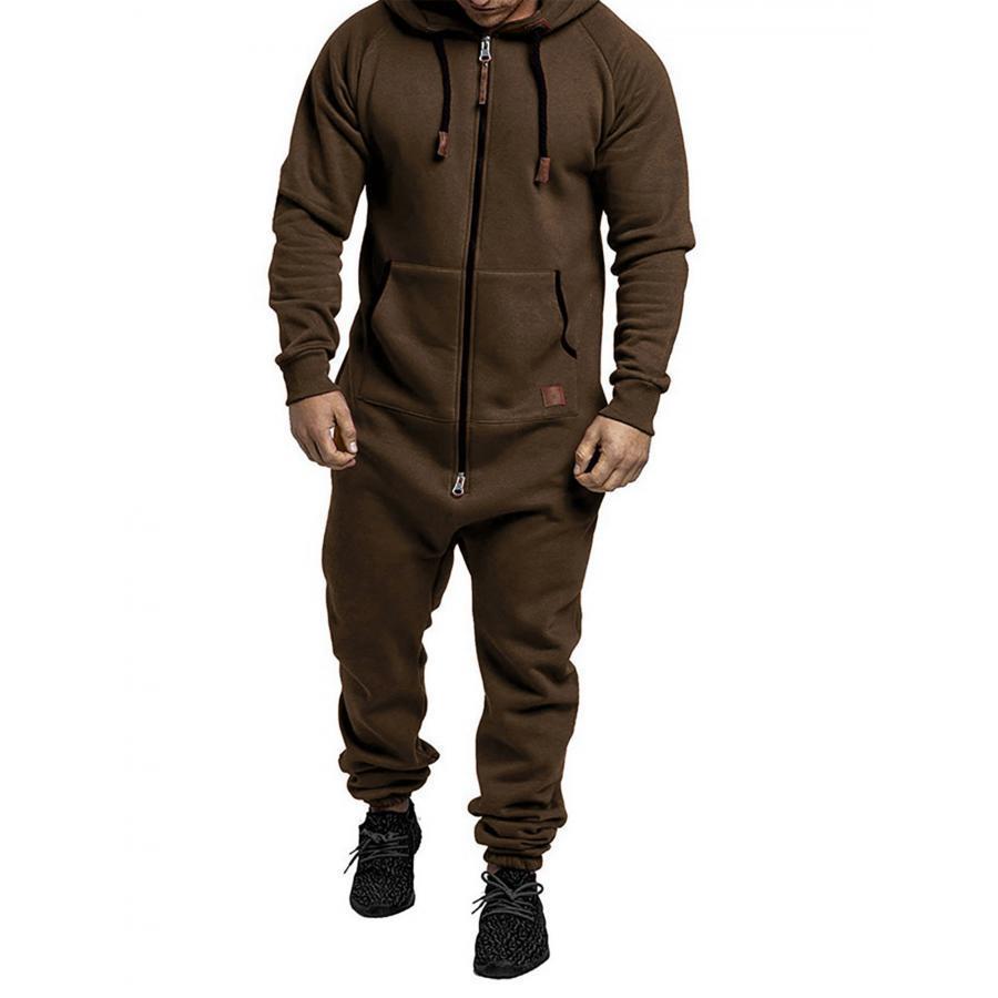 

Men's Warm Hooded Jumpsuit With Full Zipper, Long Sleeve, Drawstring Overalls - Solid Color Polyester Knit Sweatsuit