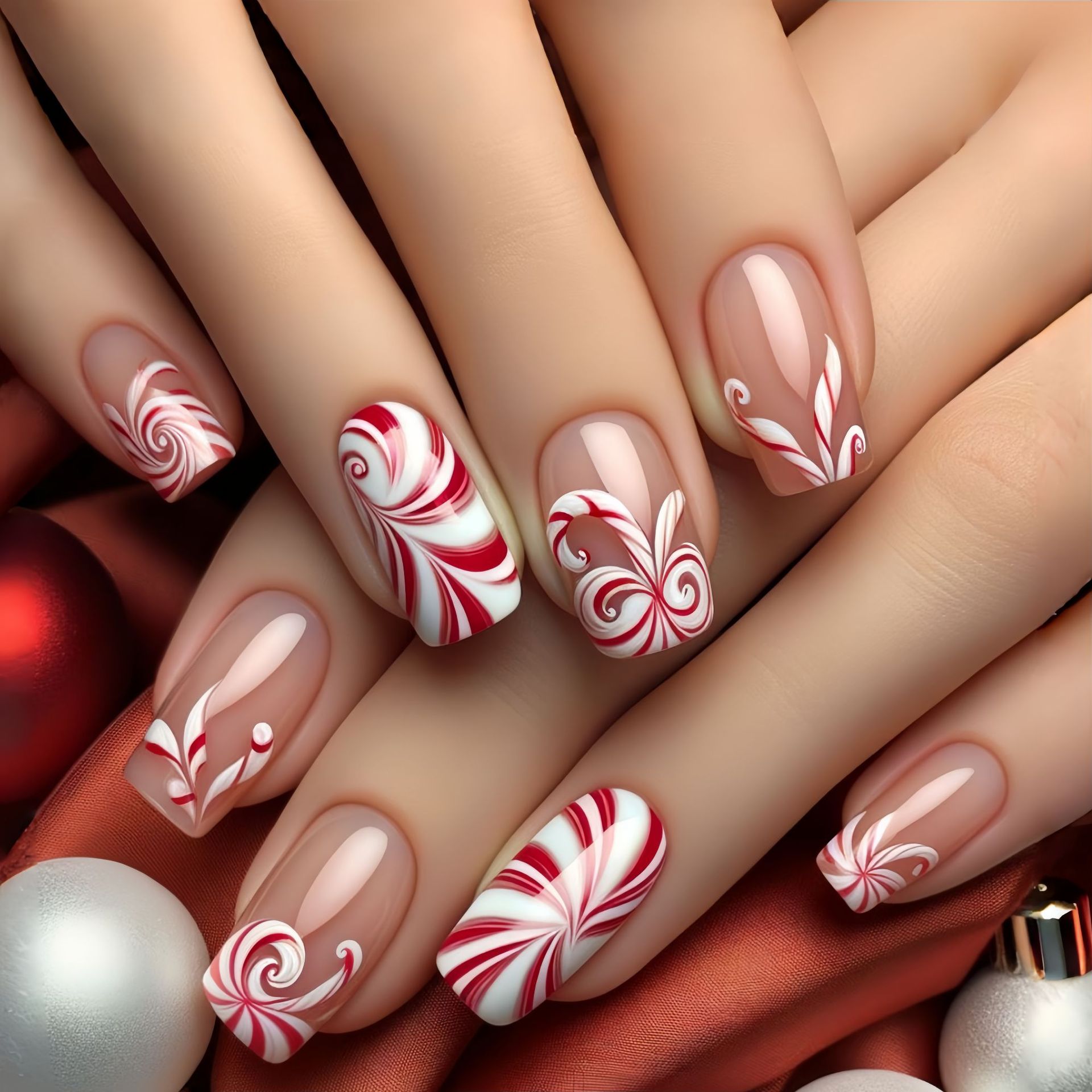 TEMU 48pcs Christmas European-style Oval Medium-length Nail Decals, Nude Stripe Red And White False Nails, Perfect For Year, New Year Nails