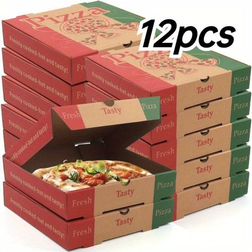 a set of 12 vibrant 8 inch paper composite boxes freshness and showcases an attractive design ideal for pizzas cakes and takeout and packaging in pizza restaurants