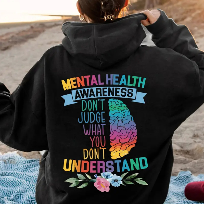 

Plus Size Casual Pullover Hoodie With Mental Health Awareness Slogan, Polyester Knit Fabric With Slight Stretch, Hooded Collar, Alphabet Pattern, For Women, Fall/winter Season