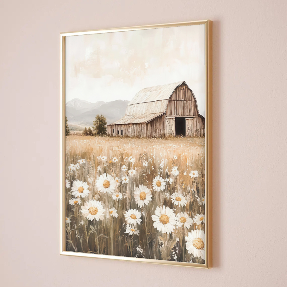 TEMU 2d Flat, 2d Flat, 1pc Wall Decoration, A Retro Poster Featuring A Countryside Scene With Wildflowers, An Artistic Print Of An Old Barn, Suitable