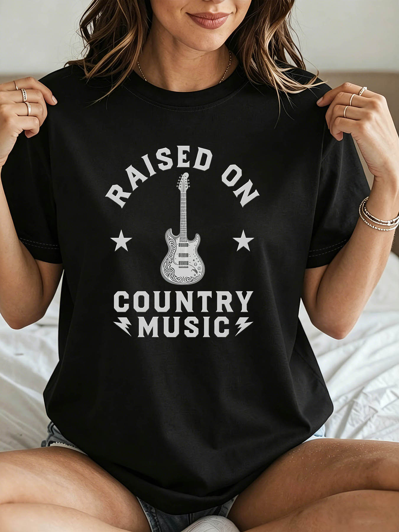 women vintage country music t shirt raised country music slogan guitar star lightning arch print retro loose fit short sleeve crew neck top for concerts camping casual wear suitable for country music festivals daily outfits