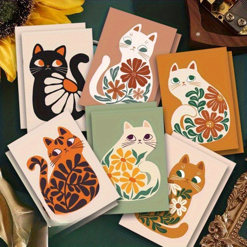 TEMU 12 Bohemian-style Cat Art Illustration Greeting Cards With Envelopes - Vibrant Floral And Feline Patterns Suitable For - Perfect For , Teachers,