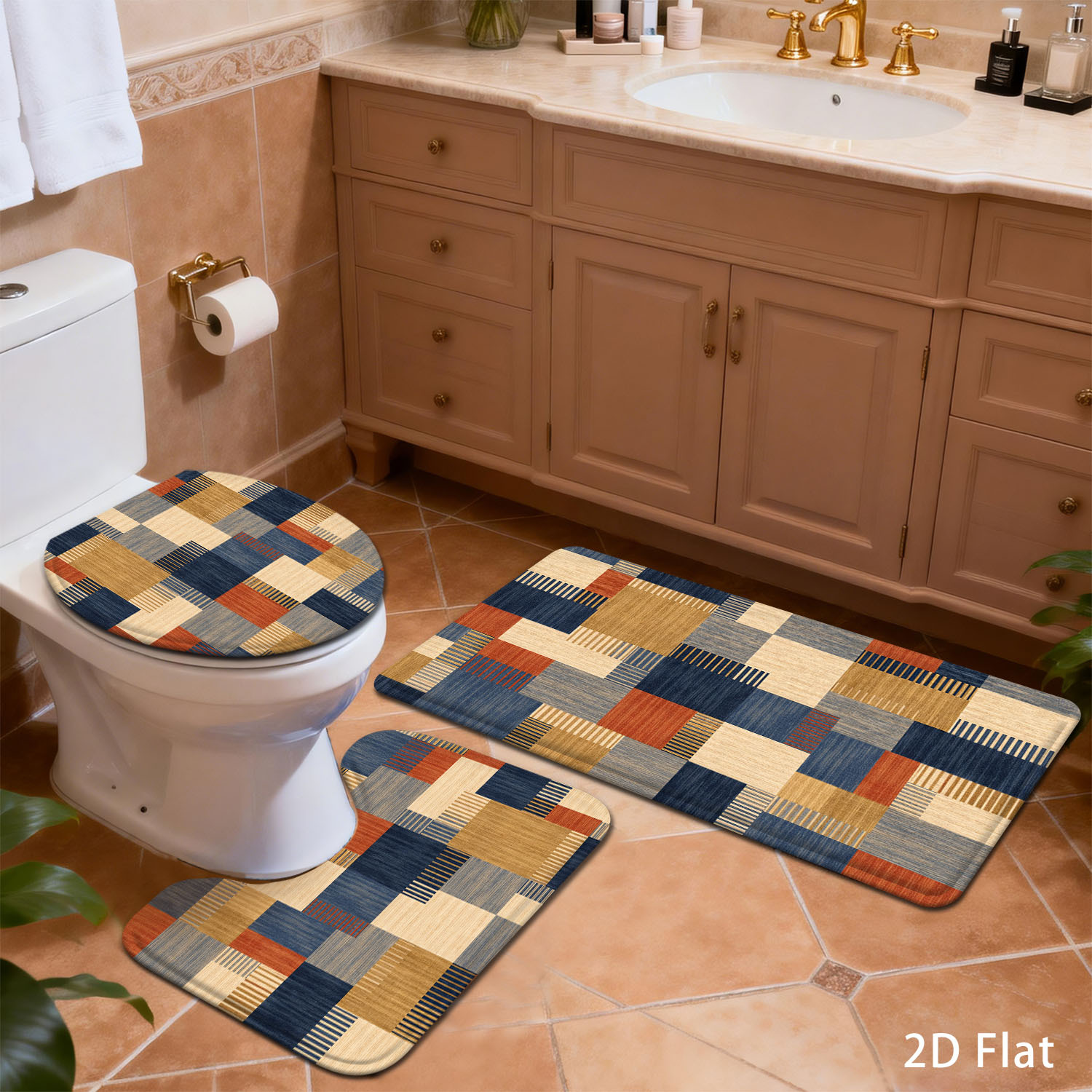 TEMU 2d Flat 3/4pcs Bathroom Anti-slip Mat Set, Geometric Color Block , Home Decor Shower Room Entrance Absorbent Floor Mat, Household Soft Thickened