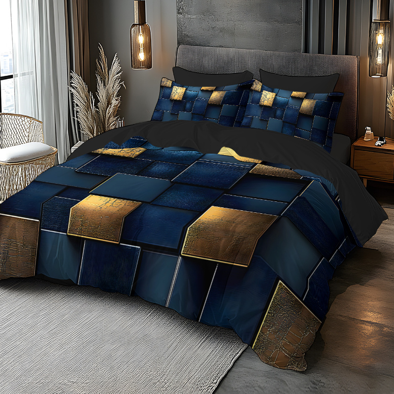 TEMU Linge de lit 2D plat 2/3 pièces Saint-Valentin, de couleurs bleu et doré, Pâques, série de dessins animés, motif noir universel pour toutes ,