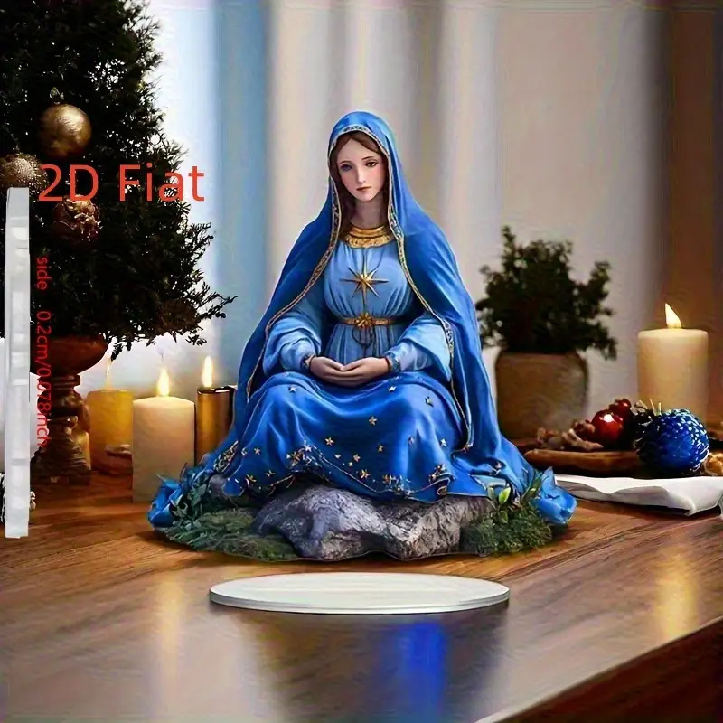 TEMU Statue 2D plate, surface 2D plate, plan 2D plat, 1 statue acrylique 2D 3D de Marie de style bohème - Robe à motif d'étoiles bleues et dorées, ,