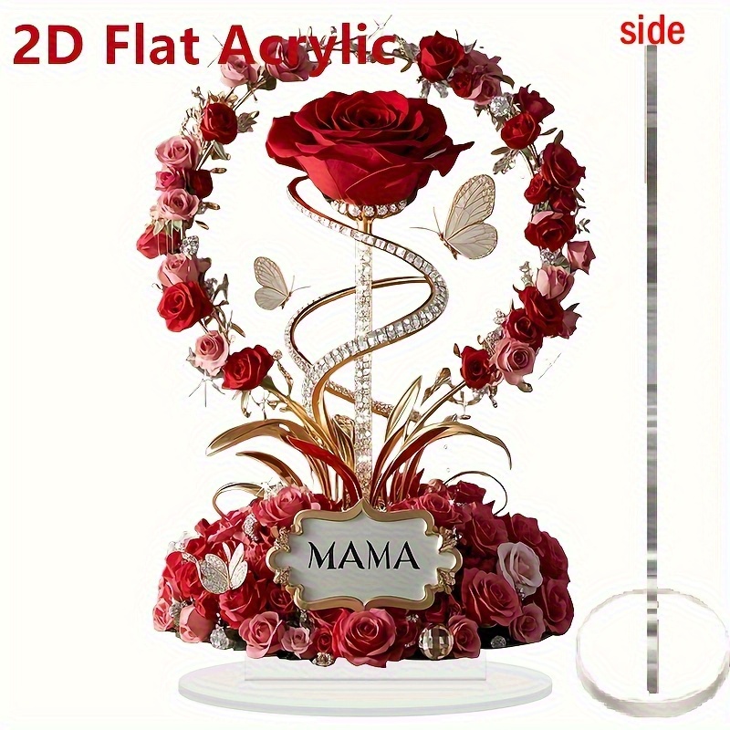 2d Flat - [2d Flat] 2d Surface Printing, 1pc Red Rose Mama Acrylic Desktop Decoration, Suitable For Desktop Home Decor, Mother's Day, Birthday Gift, 2d Surface