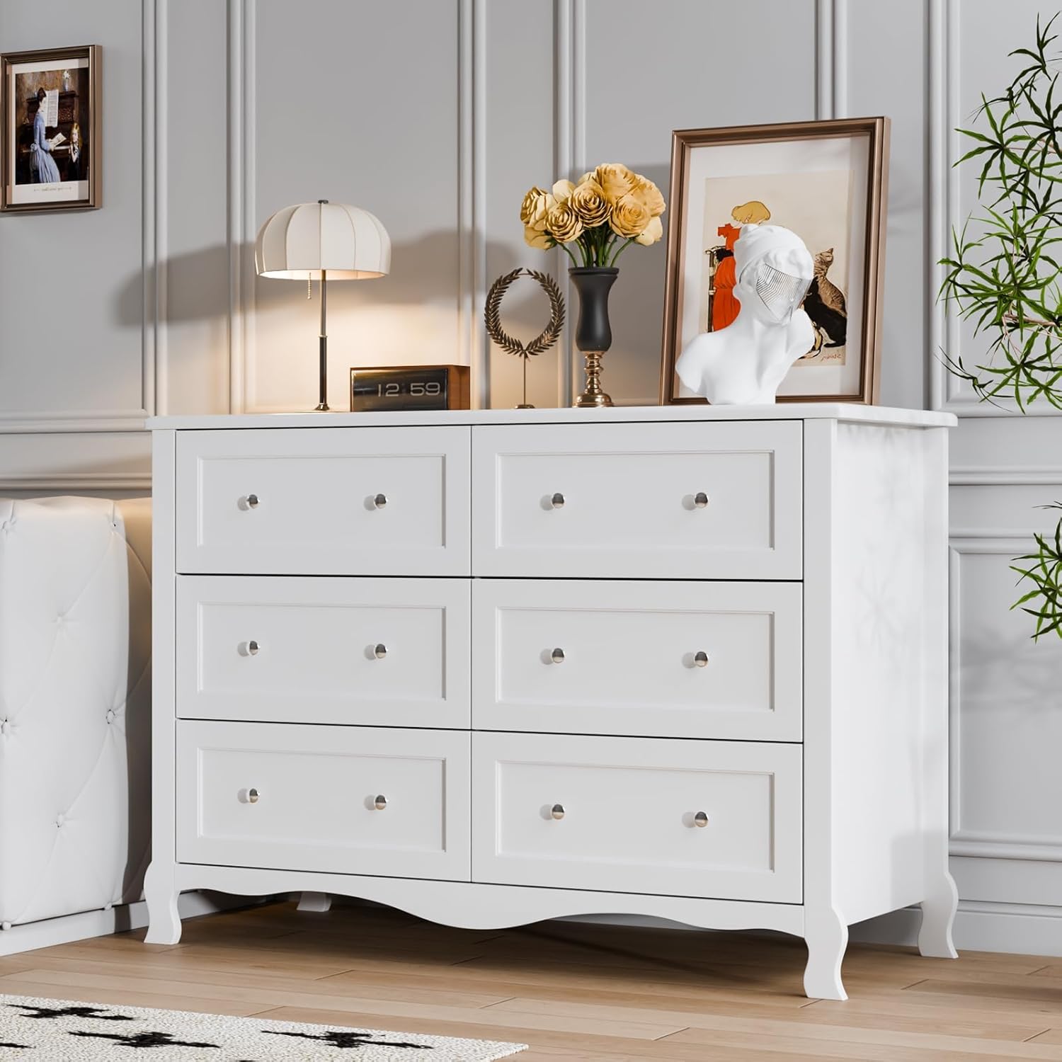 TEMU 6-drawer Chest | Wide Dresser & Storage Cabinet For Bedroom Living Room Hallway - White Organizer, 120 X 40 X 84cm, Home Organization, Modern