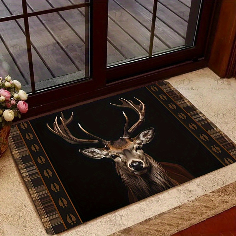 Image of 1pc Stag Pattern Welcome Door Mat, Flannel Material, Suitable For Living Room, Terrace, Kitchen, Bathroom, Front Door And More Area Decor