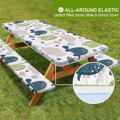 1 set of 4ft 6ft 8ft camping tables and chairs with beautiful dinosaur patterns in a circular pattern covered with elastic fabric and with a 30x72 inch camping short tablecloth
