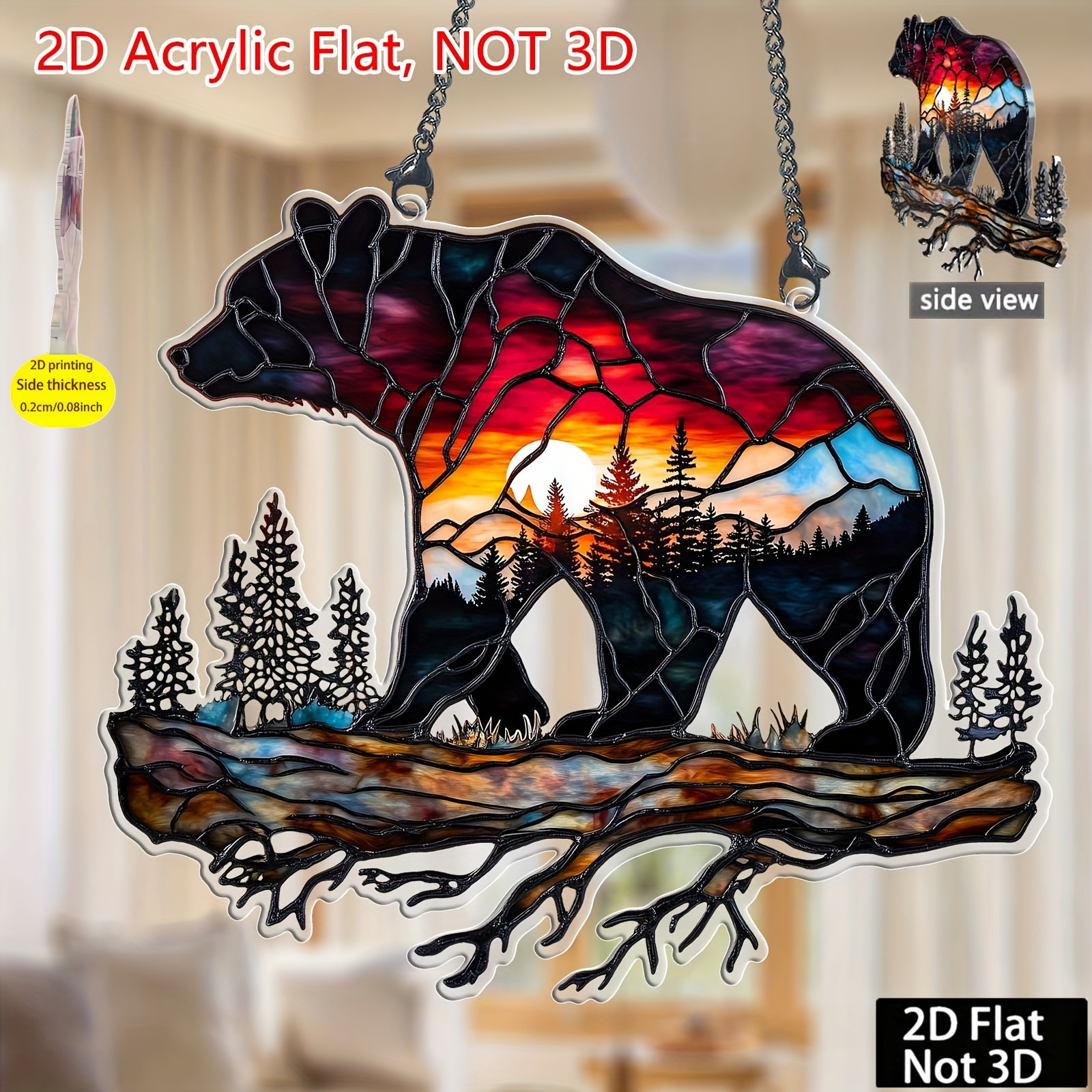 TEMU 2d Flat, 2d Acrylic Suncatcher Wall Hanging With Colored Bear Silhouette - Double-sided Forest Sunset Window Decor Suitable For Indoor/outdoor,