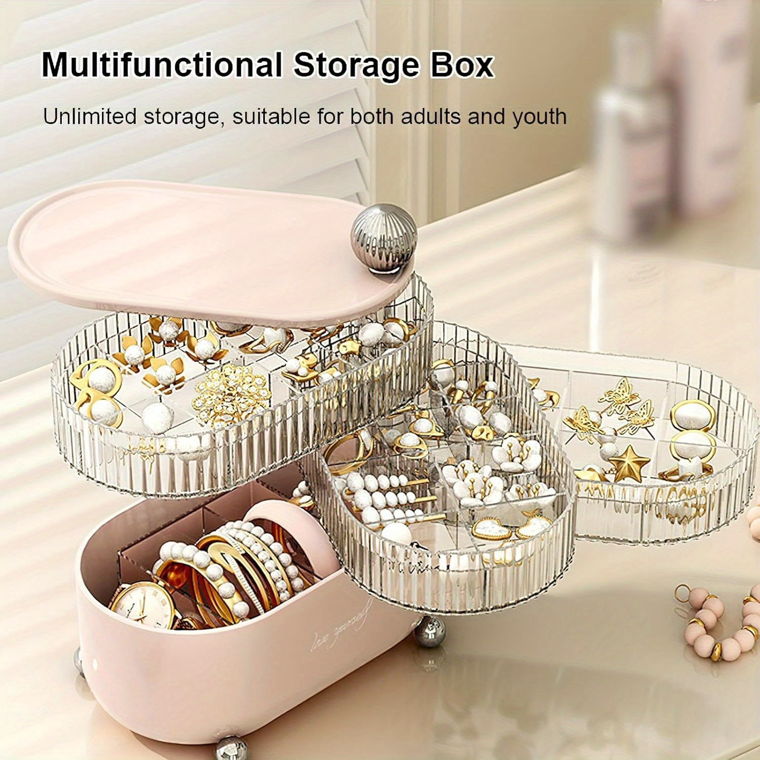   rotating makeup organizer countertop makeup storage organizer vanity desk cosmetic organizer large cosmetic storage box for lipsticks perfume jewelry rings earrings 4 layers Product details 1