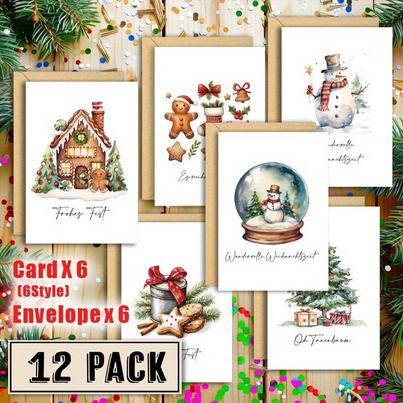 

12pcs Watercolor Christmas Cards With Envelopes, 6 Bulk Greeting And New Years Cards,