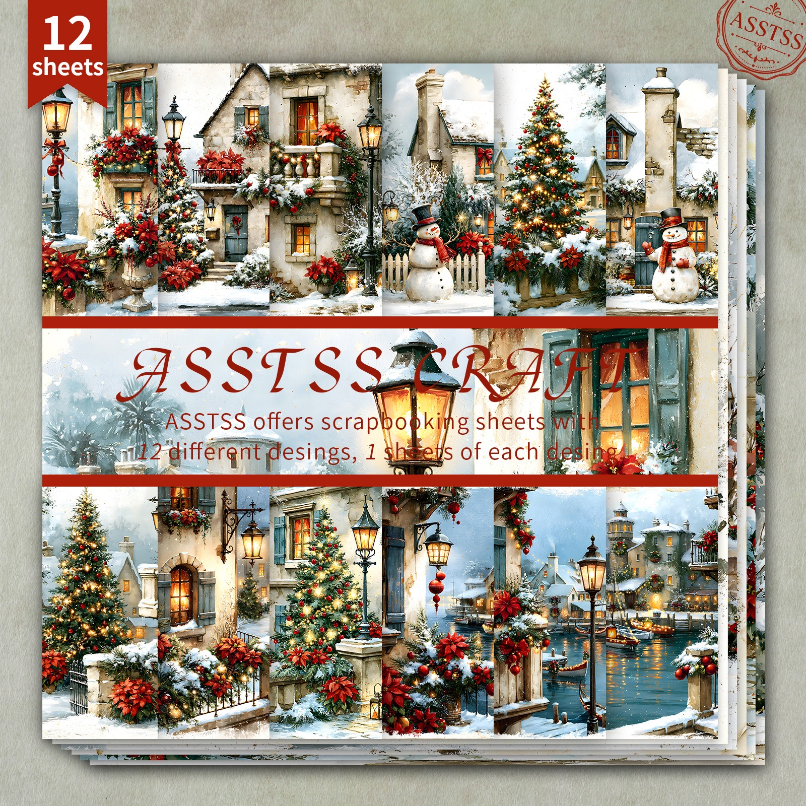 TEMU Lot de 12 feuilles de papier scrapbooking ASSTSS de 6X6 pouces, papier de base de style avec neige et personnages de Noël dans un village