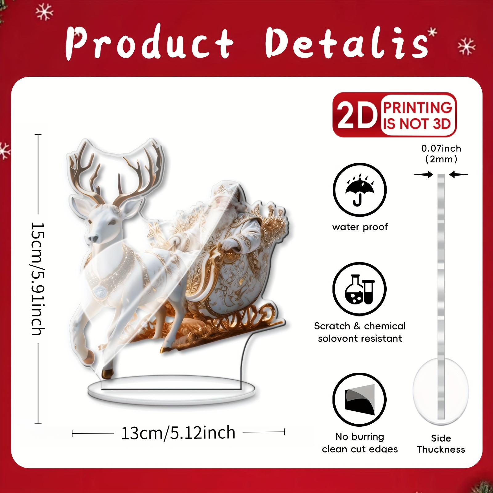 TEMU 2d Flat, 2d Flat And Santa Claus Acrylic Desktop Ornament - Self-standing Sleigh Decoration, No Power Required, Suitable For Home/office