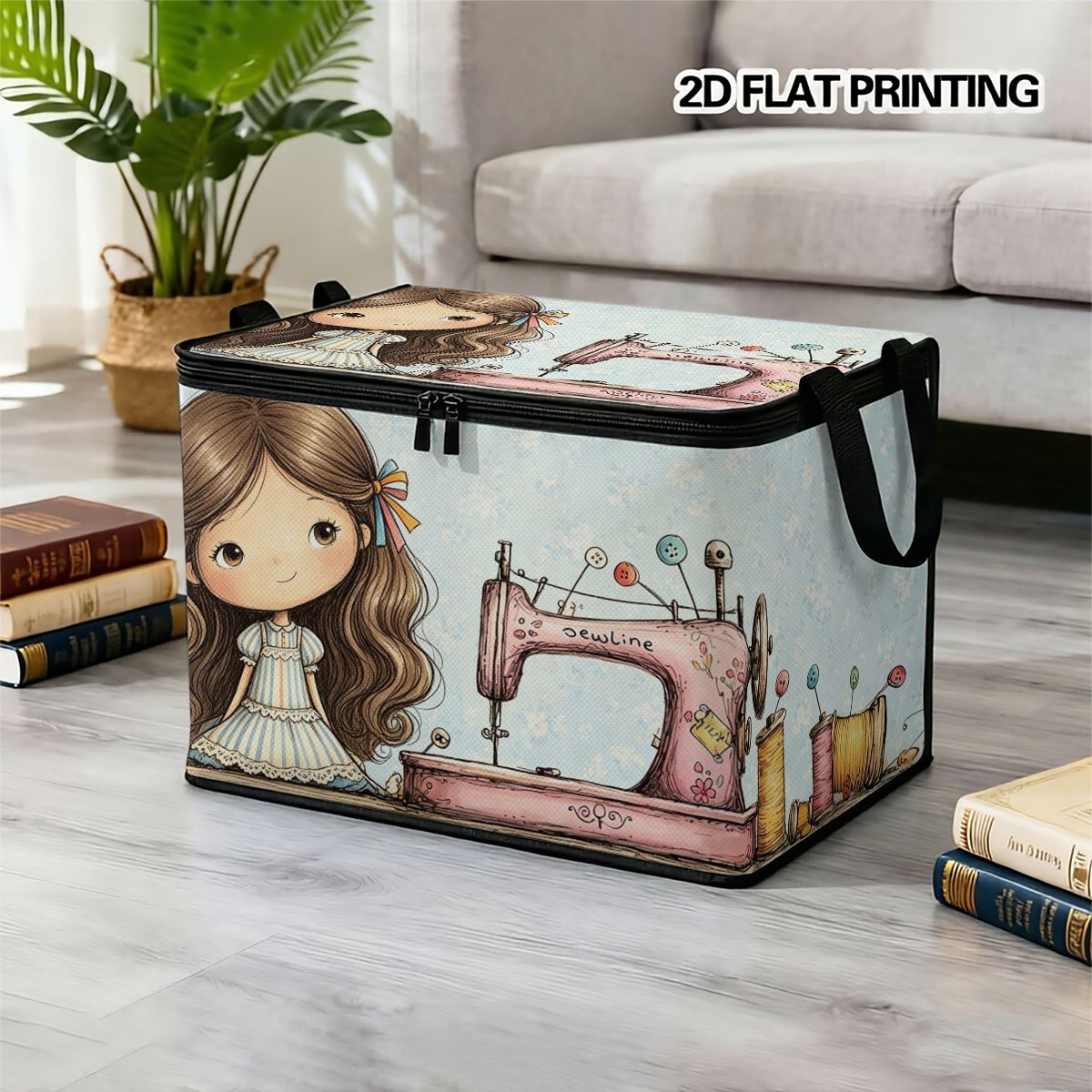 TEMU 1 pz Scatola portaoggetti extra large pieghevole con cerniera, delicato design con stampa laterale e rosa per macchina da cucire, adatta per