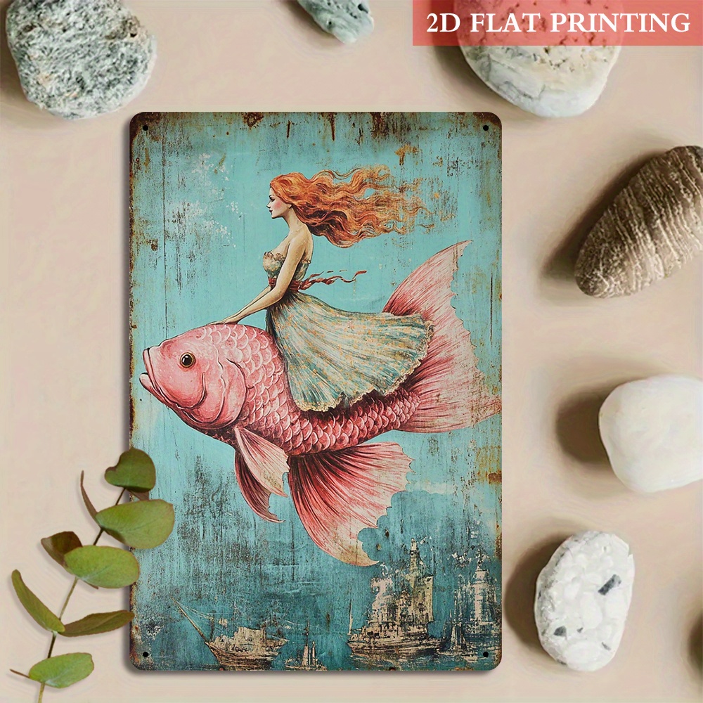 TEMU 2d Flat, 1pc Retro Mermaid On Fish Wooden Wall Art Sign - Turquoise And 2d Flat Wooden Decor, On , Suitable For Bedroom, Living Room, Bathroom,