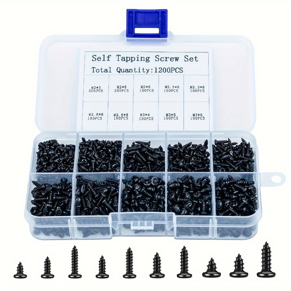 Image of 1200pcs Black High Strength Self Tapping Screw Set, 10 Sizes Of , M2, M2.3, M2.6, M3 Clear Box Fastener Set, Suitable For Home Decoration, Plastic, Wood, - 4 Durable Metal Materials