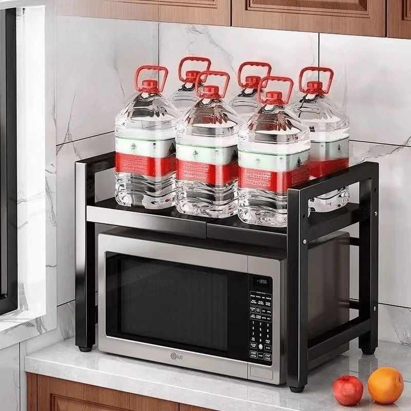 TEMU A Microwave And Oven Rack Single Layer Adjustable Style [40cm-64cm] And 6pcs Hooks Kitchen Rack Microwave Adjustable Home Countertop Kitchenware
