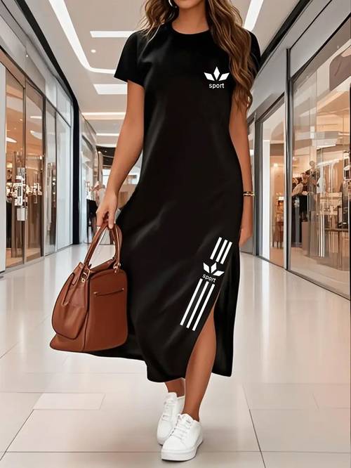 ladies spring and summer fit split dress fashionable plus size womens clothing printed short sleeved dress