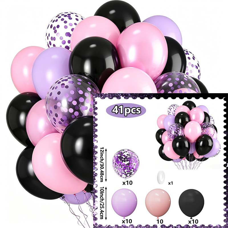 TEMU 41pcs Birthday Party Balloon Set, Including Pink, Purple, Black, And Purple Glitter Balloons, Suitable For Boy And Girl Fan Birthday Parties,