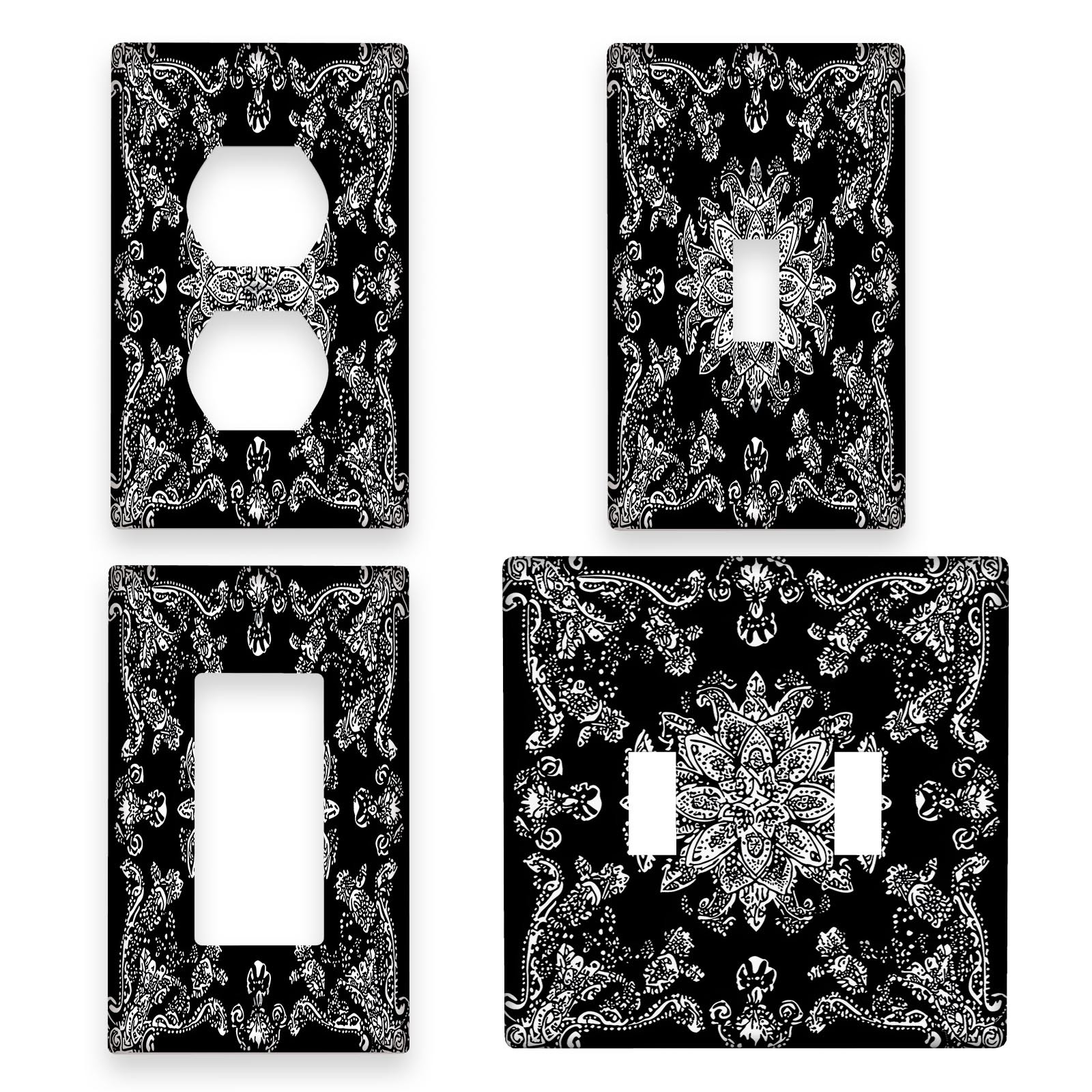 

Bohemian Mandala Floral Wall Plate - Black, 1 Gang Power Socket Cover For Bedroom & Kitchen Decor