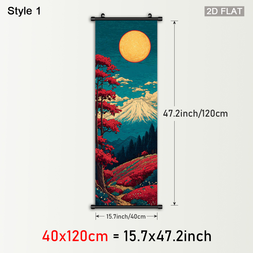 TEMU 2d Flat, 1pc Zen Landscape Framed Scroll Wall Art - Vertical -e Inspired Plastic Frame With Hanger, Cherry Blossoms, & Great Wave-like Canvas