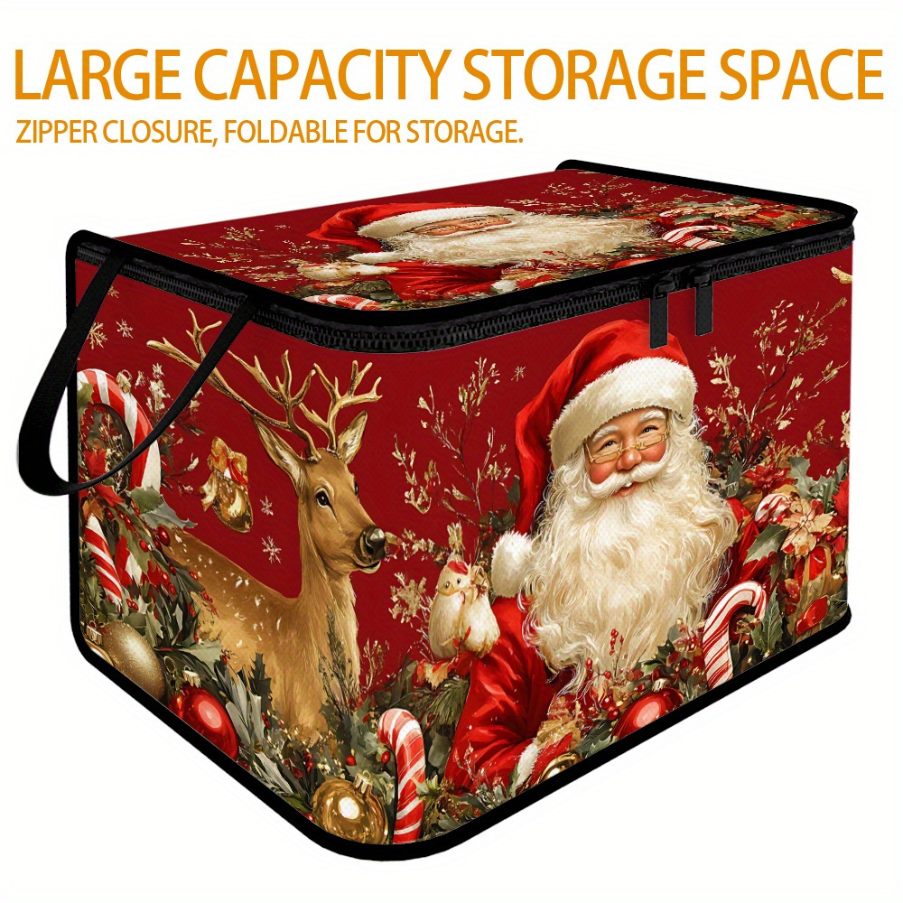TEMU 1pc Extra Large Foldable Zipper Storage Box, With Santa Claus And Reindeer Pattern, Suitable For Clothing, Pants, And Bedding Storage, Ideal For