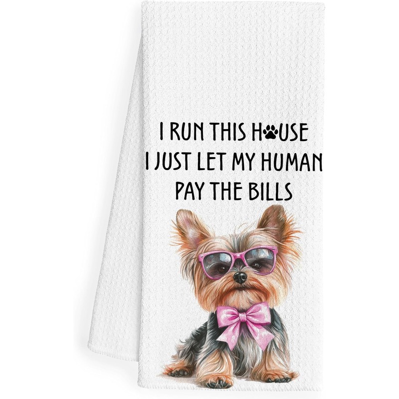TEMU 1pc Of 18 By 26 Inch Humorous Yorkshire Terrier Kitchen Dish Towels, Ideal Gifts For Are Dog Moms, Featuring Decorative Pink Bow For Use Or