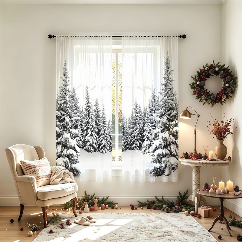 TEMU 2d Flat - 2pcs Curtains 2d Digital Printed Cedar Sheer Sheer | Rod-type Sheer Sheer | Suitable For Room Types | Home Decor | Christmas | Holiday