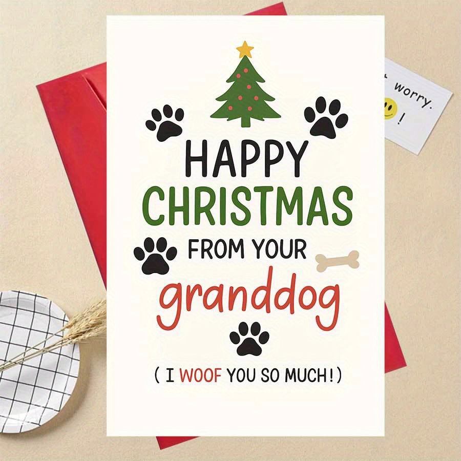 Image of 1pc Granddog Christmas Card With & Bone-shaped "grandpup" Message - Name & Photo Slot For Pet Lovers, Grandparents - Dog-themed Holiday Greeting Card For Family Gifts