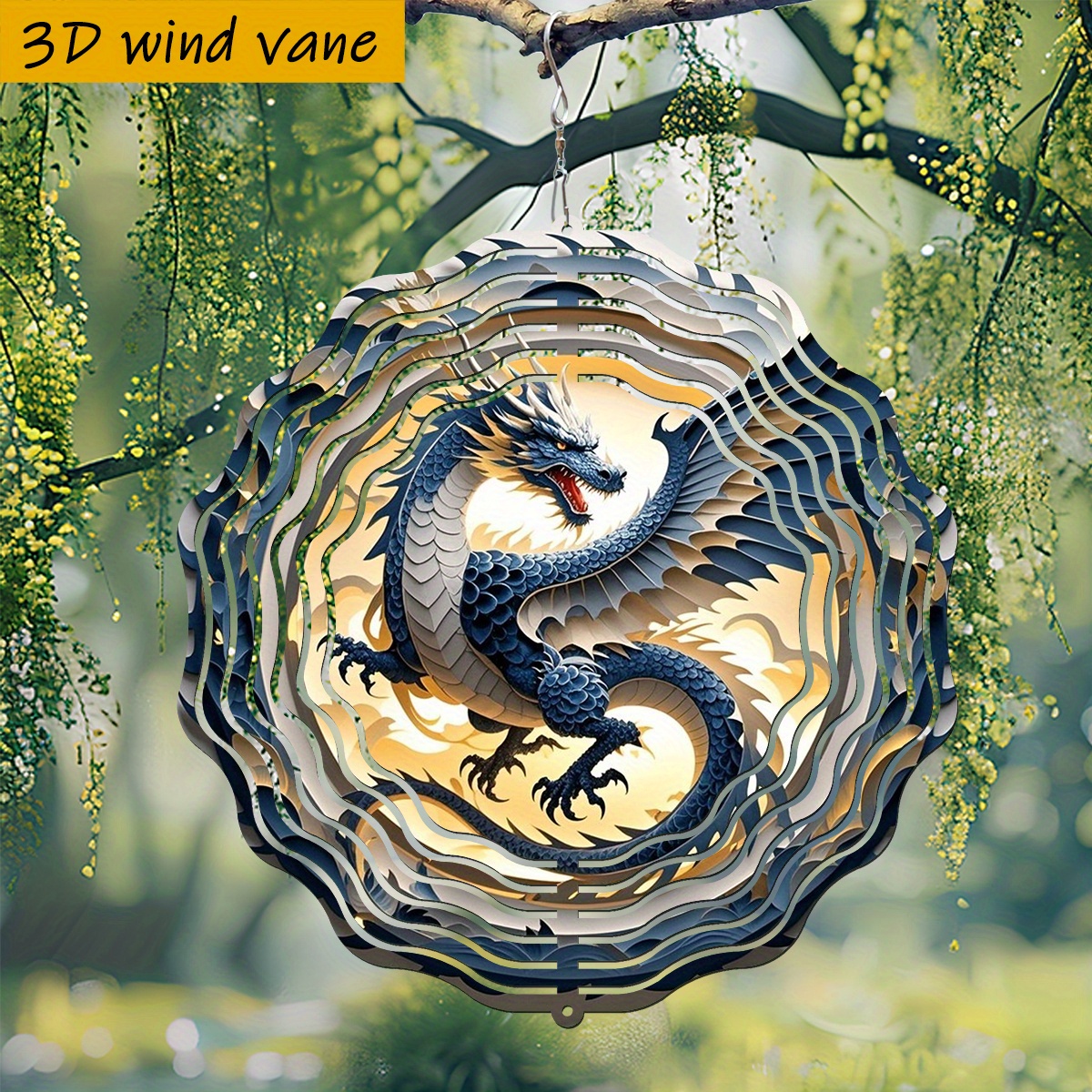 TEMU 3d 1pc "blue Dragon Flying Against A Golden Background" "25.5cm/10in*25.5cm/10in With Rotating Hook, Wind Spinner" Metal Double-sided Rotating