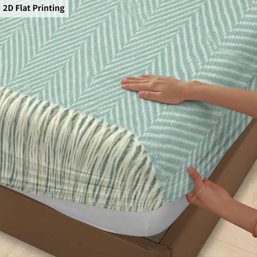 2D Flat Print 3pcs Chevron Fringe Fitted Sheet Set, 1 Fitted Sheet And 2 Pillowcases, Pillow Insert Not Included, Sea Glass Herringbone Soft