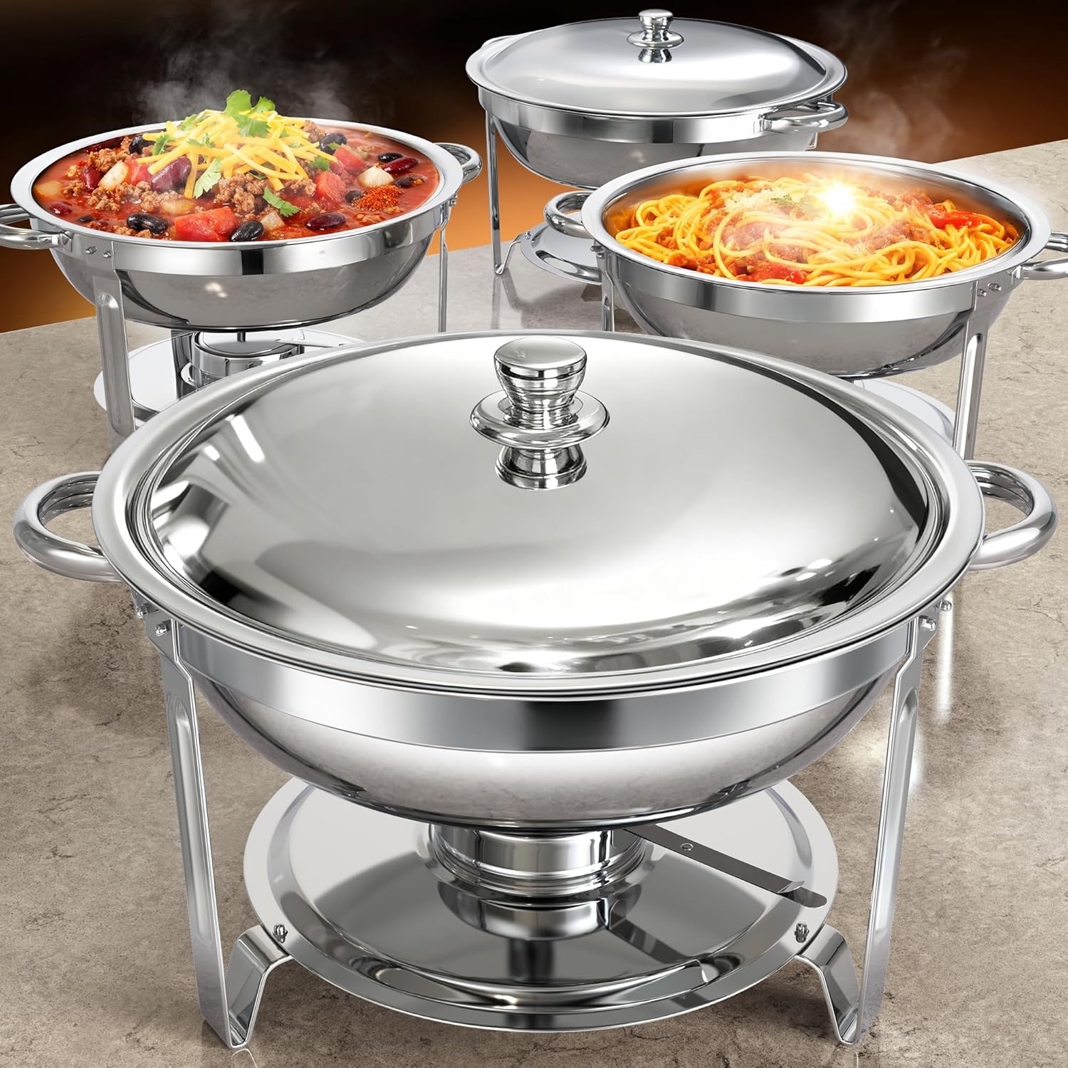 Image of Chafing Dishes For Buffet, 2/4 Pack Round Stainless Steel Chafing Dish Set With Lid Holder For Home Parties, Christmas Gatherings, Catering Events, Complete Buffet Warmer Set - Silver - For Cooking