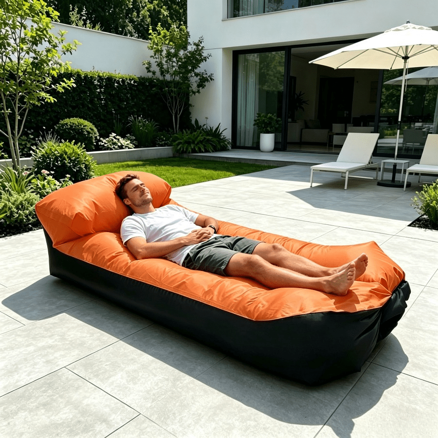 TEMU 1pc, Black And Orange Contrasting Color Camping Inflatable Sofa, Single Person With Headrest Model, Includes 1 Inflatable Recliner   1 Storage