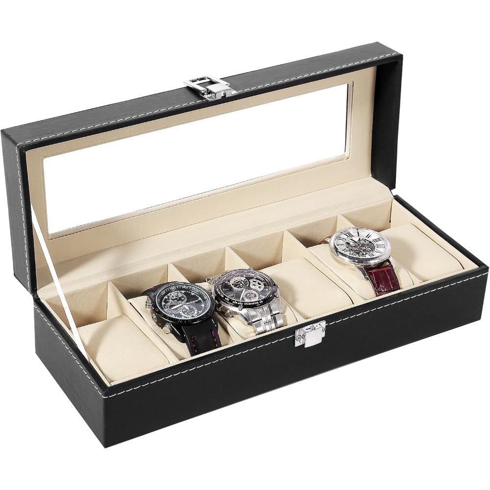 Watch Box, 6-compartment Watch Storage Box, Watch And Jewelry Storage Box With Large Glass Lid, Watch Display Box, Unisex Watch Box