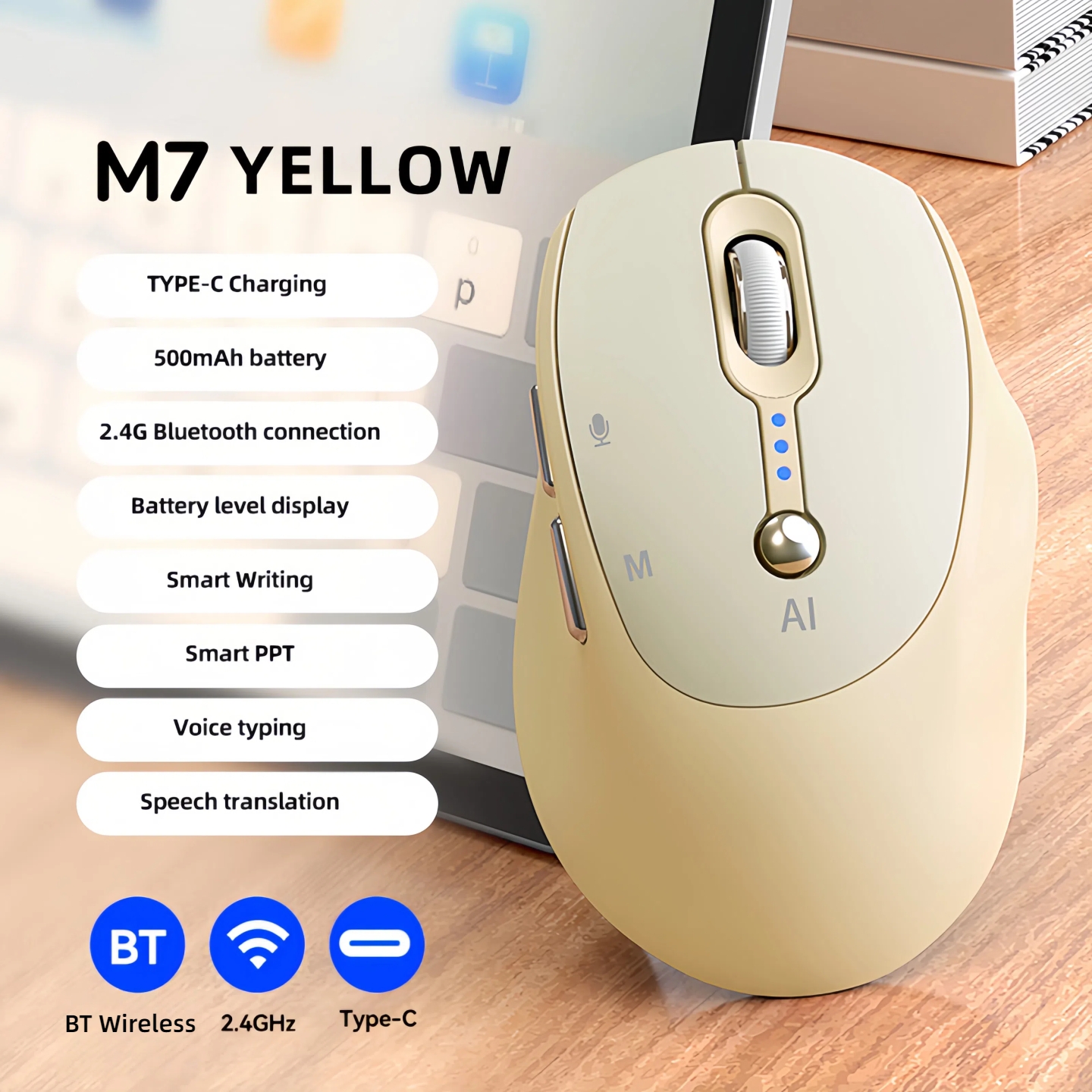 TEMU Ai Translation Wireless Mouse, -click Translation Button Mouse, Office Mouse, Rechargeable Mouse, (2.4g+ Wireless) Mouse, Portable Silent Mouse,