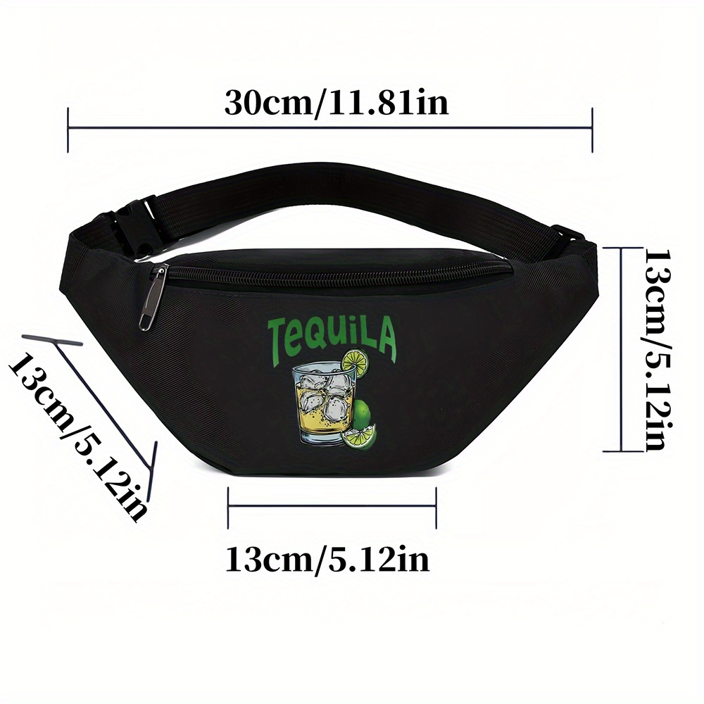 TEMU 1pc Unisex Adjustable High Quality Oxford Waist Pack - Black Geometric Pattern With Tequila Cocktail Design, Zipper Closure Shoulder Bag For