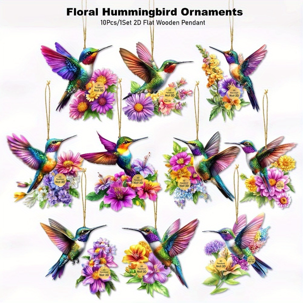 2d Flat - 2d, 10ks/ Set Flower Honey Sucking Bird Decorations - závesné výrobné drevo Honey Sucking Bird Statue pre sviatočné dekorácie,