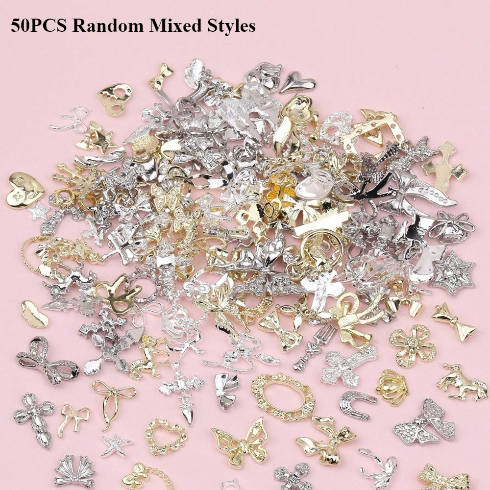 TEMU 50pcs Y2k Random Mixed-style Alloy Nail Art Decorations, Including Butterflies, Hearts, Flowers, Bows, And Other Nail Art Embellishments; Diy